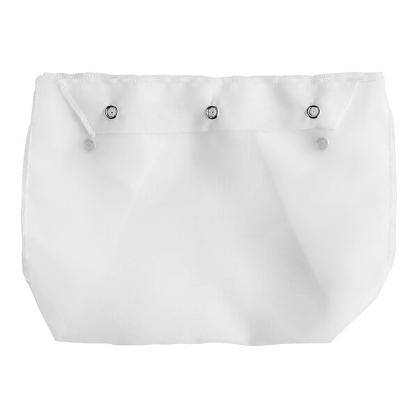 A white mesh bag with metal snaps.