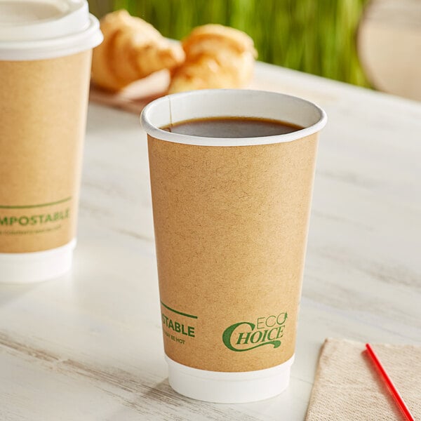 EcoChoice 16 oz. Smooth Double Wall Kraft Compostable Paper Hot Cup - 500/Case