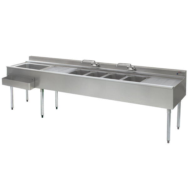Eagle Group BC9-4C-22L Combination Underbar Sink and Ice Bin with Four Compartments, Two Drainboards, Two Faucets, and Left Side Ice Bin - 108"
