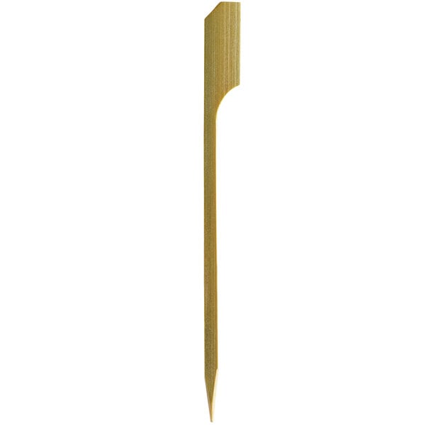 A green bamboo paddle food pick with a long handle.