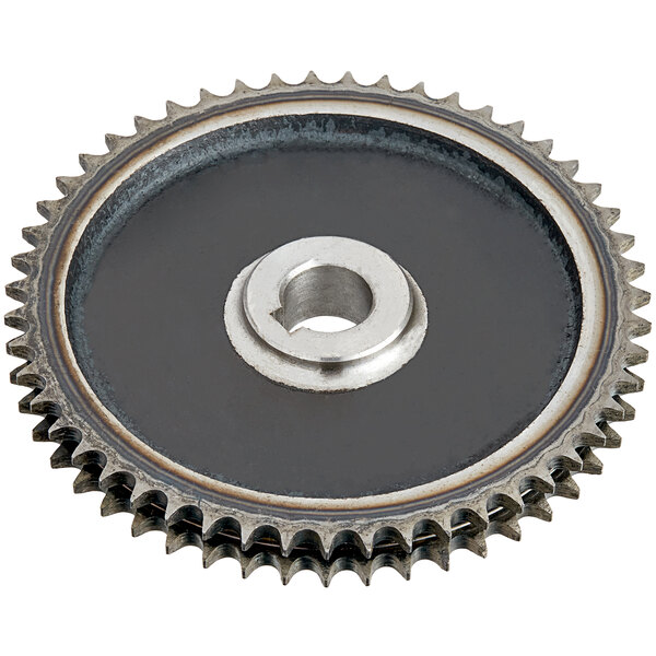A black and silver Estella sprocket gear with a hole.