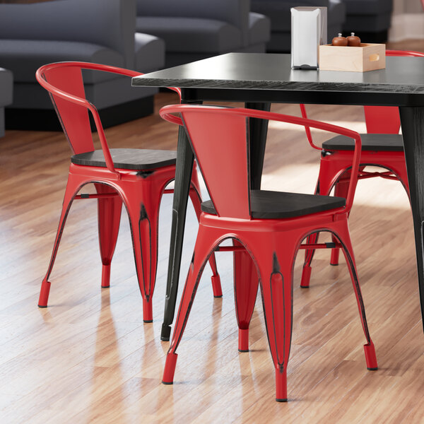 Lancaster Table & Seating Alloy Series Distressed Red Metal Indoor Industrial Cafe Arm Chair with Black Wooden Seat