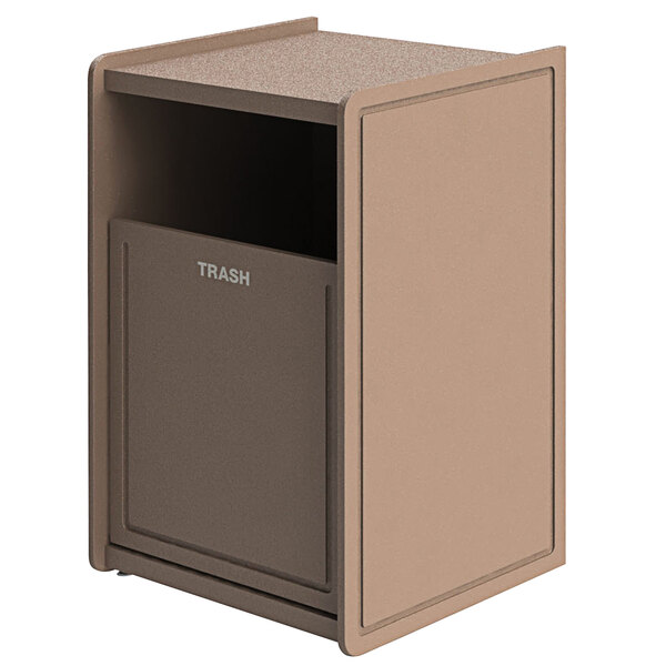 A beige Commercial Zone EarthCraft rectangular outdoor trash can with a lid.