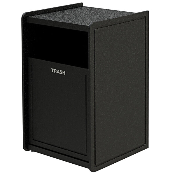 A black rectangular Commercial Zone EarthCraft trash can with a lid.