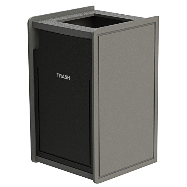 A grey rectangular Commercial Zone EarthCraft waste receptacle with a black door and square opening.