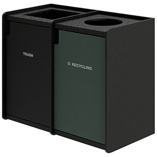 A black rectangular Commercial Zone EarthCraft waste receptacle with two compartments and a raised edge top.