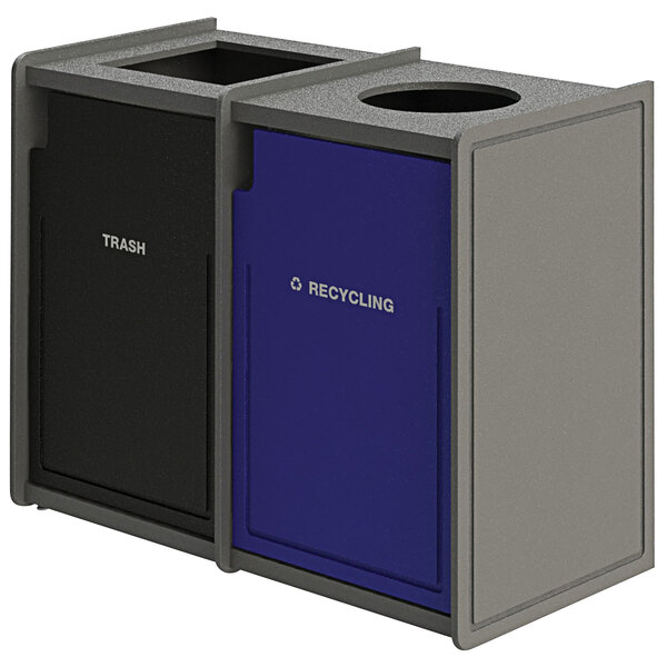Two Commercial Zone EarthCraft rectangular dual-stream waste receptacles with black and blue doors.