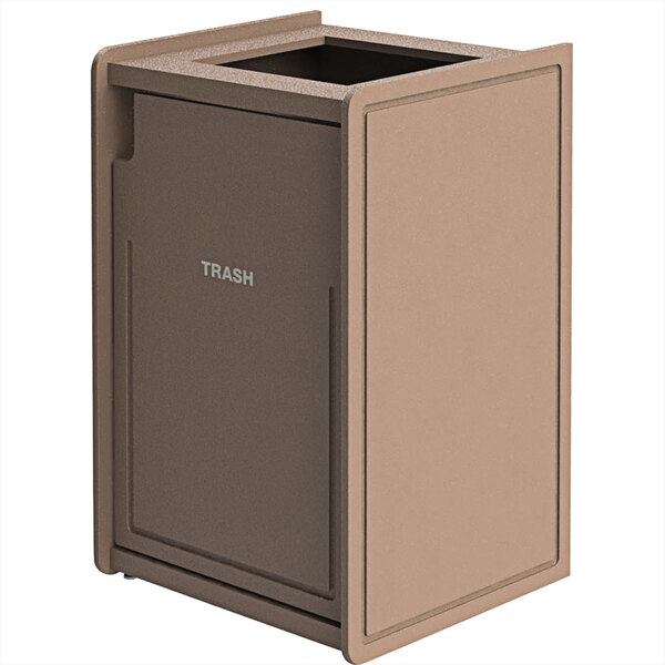 A brown rectangular Commercial Zone EarthCraft waste receptacle with a lid on it.