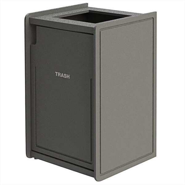 A gray rectangular Commercial Zone EarthCraft waste receptacle with a lid with white text.
