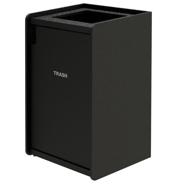 A black rectangular Commercial Zone EarthCraft waste receptacle with a raised lid and a square opening.