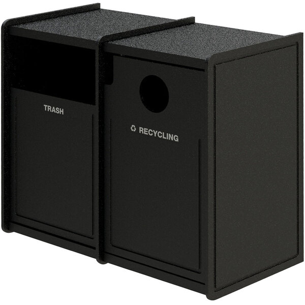 A black rectangular Commercial Zone EarthCraft waste receptacle with two black doors.