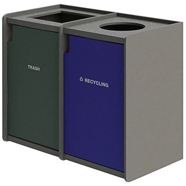 Two Commercial Zone EarthCraft rectangular outdoor trash cans with raised edge tops. One has a green door and one has a blue door.
