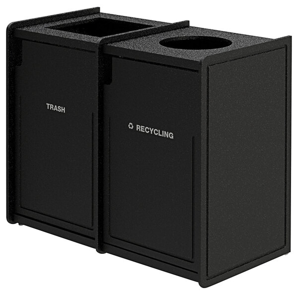 Two black rectangular EarthCraft waste receptacles with black doors.