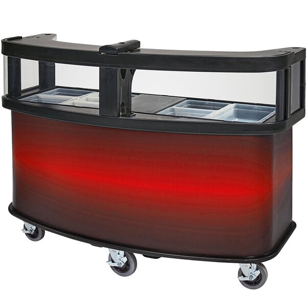 A black Cambro vending cart with red accents and clear plastic windows.