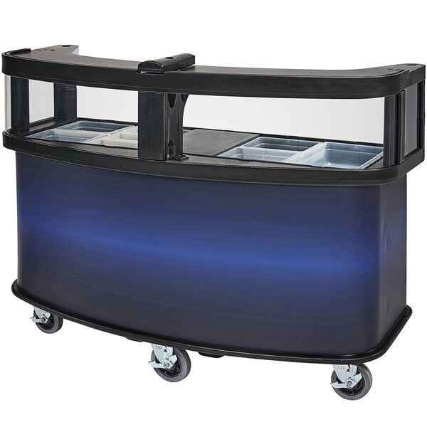 A black Cambro vending cart with blue accents and a clear protective guard.