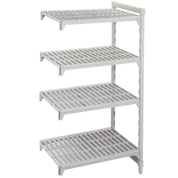 A white plastic shelf with vented shelves.