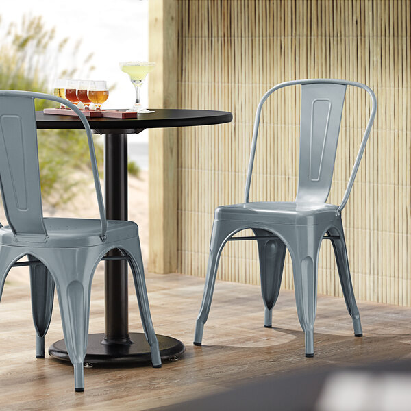 Lancaster Table & Seating Alloy Series Charcoal Metal Indoor / Outdoor Industrial Cafe Chair with Vertical Slat Back and Drain Hole Seat