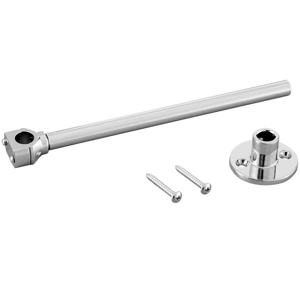 A metal wall bracket with screws and a nut.