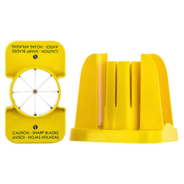 A yellow plastic Prince Castle citrus wedger with a white center.