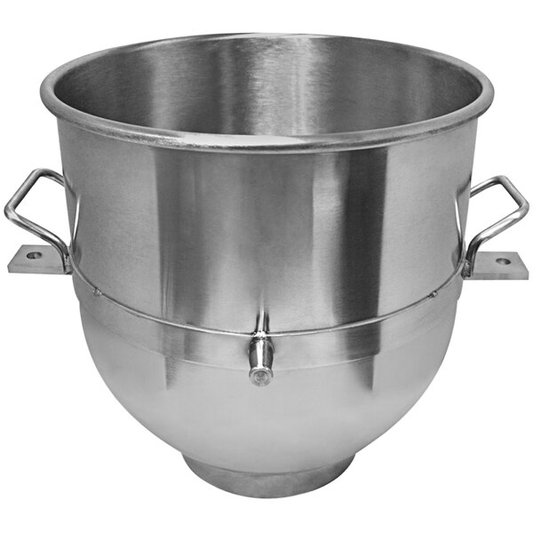 A silver stainless steel Eurodib mixing bowl with handles.