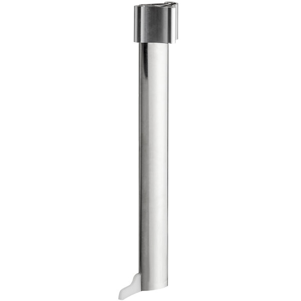 A silver stainless steel cylinder with a black handle.