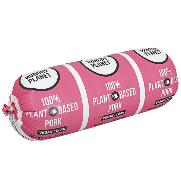 A pink chub of Hungry Planet plant-based ground pork with white text.