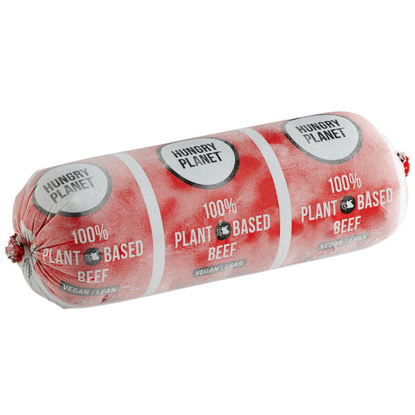 A large red and white package of Hungry Planet Plant-Based Vegan Ground Beef.