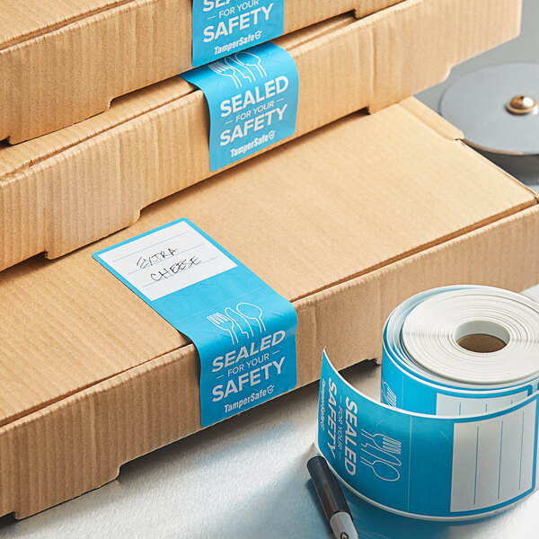 TamperSafe 2 1/2" x 6" Sealed For Your Safety Blue Paper Tamper-Evident Label - 250/Roll