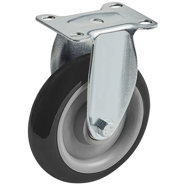 A black and metal Lavex rigid plate caster wheel.