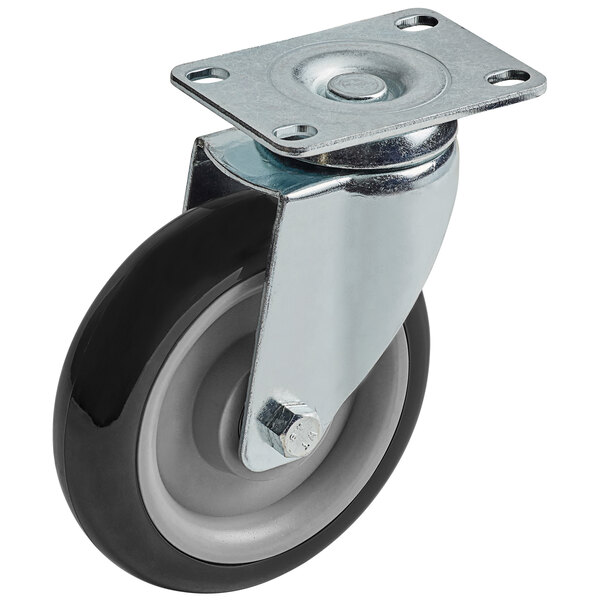 A metal swivel plate caster with a black and grey wheel.