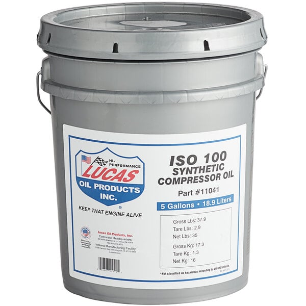 A grey Lucas Oil bucket with a white label containing synthetic compressor oil.