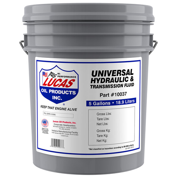 A white 5 gallon pail of Lucas Oil Hydraulic Fluid with a label.