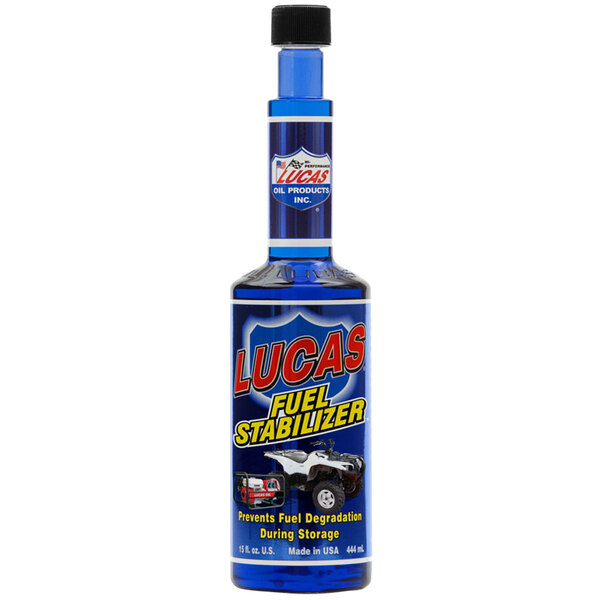A blue bottle of Lucas Fuel Stabilizer with a red label.