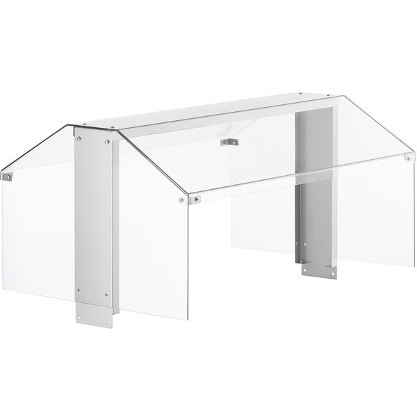 A clear plastic shelf with a clear cover on a Avantco cold food table.