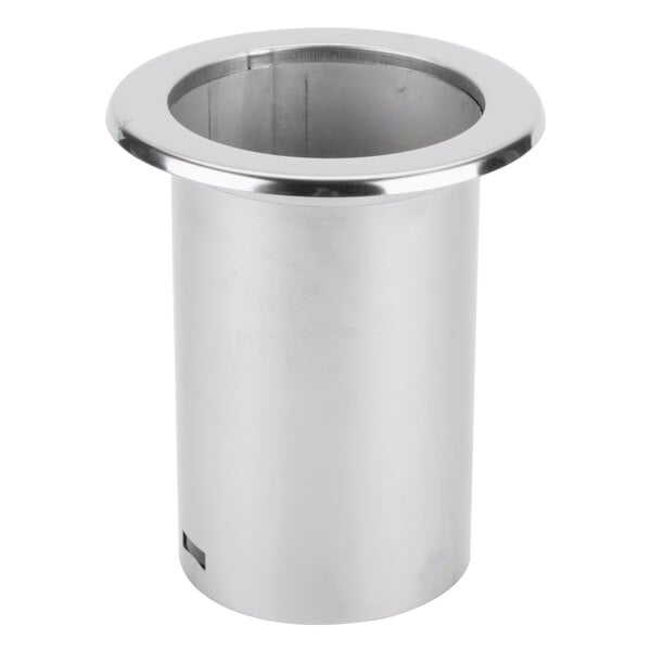 A silver cylinder with a round metal rim.