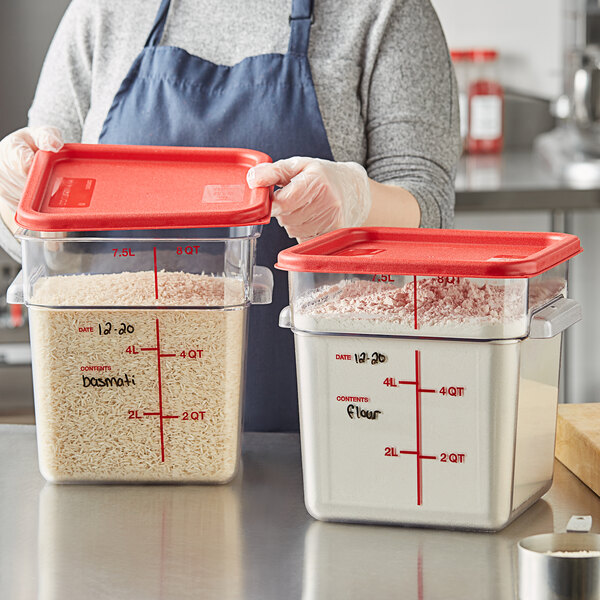 Vigor 8 Qt. Clear Square Polycarbonate Food Storage Container and Red Lid -  4/Pack