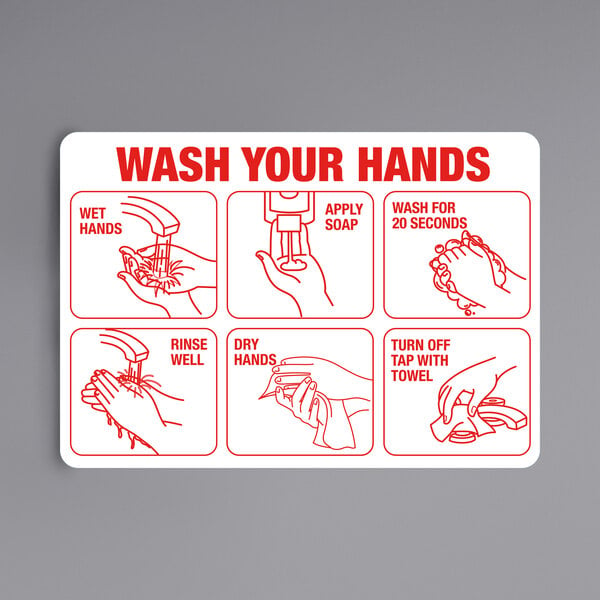 A red and white aluminum sign for a restaurant counter with symbols showing how to wash your hands.