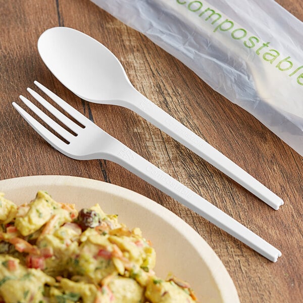 EcoChoice Wrapped Heavy Weight Compostable 6 1/2" White CPLA Spoon and Fork - 250/Case