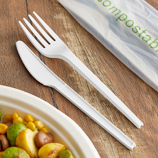 EcoChoice Wrapped Heavy Weight Compostable 6 1/2" White CPLA Knife and Fork - 250/Case