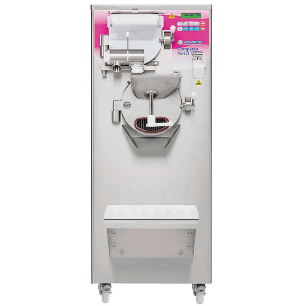 A white and silver Coldelite Compacta Vario 8 Elite horizontal batch freezer with a pink lid.