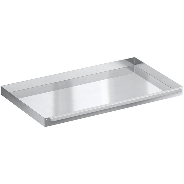 An Avantco stainless steel grease and crumb tray with a handle.