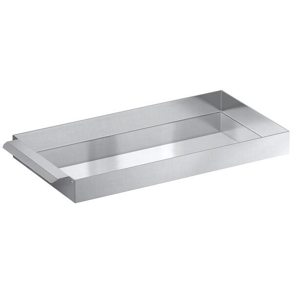 An Avantco stainless steel rectangular tray with a handle.