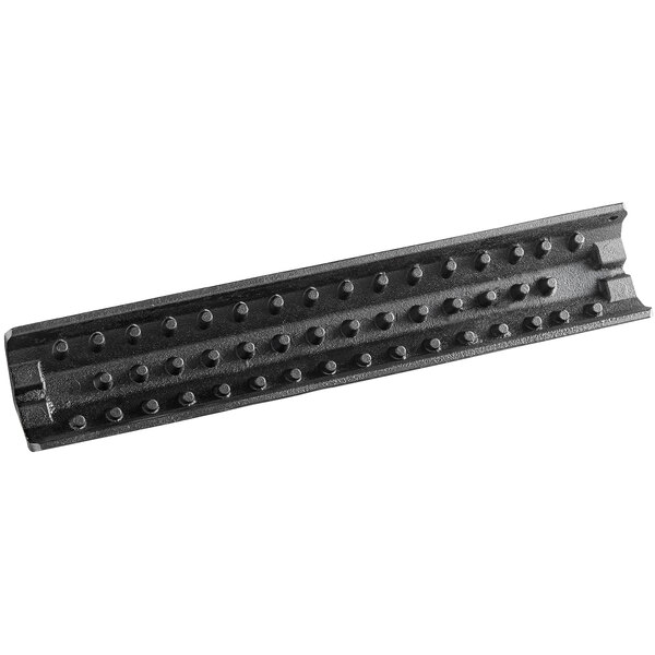 A black metal rail with small holes.