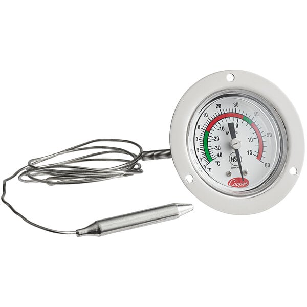 A Cooper-Atkins refrigerator/freezer thermometer with a 48" wire.