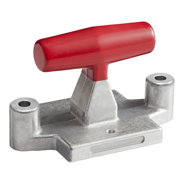 A red and silver metal Vollrath pusher head.