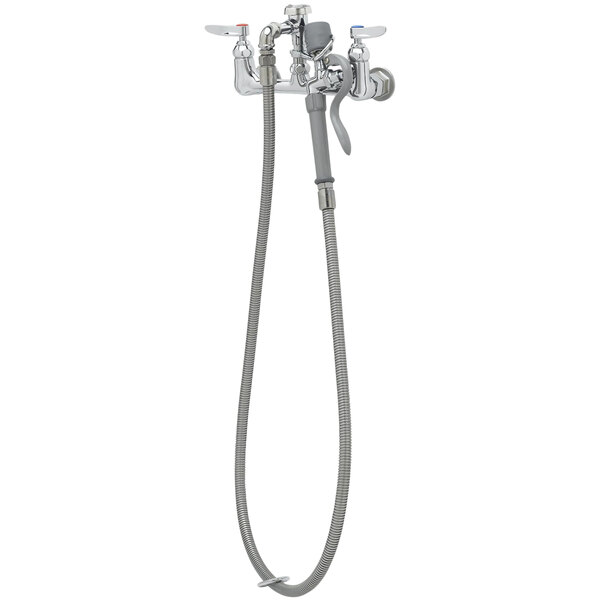 A T&S chrome wall mounted faucet with hose.