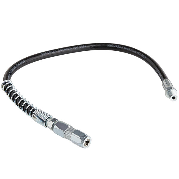 A black and silver flexible hose with a coupler.