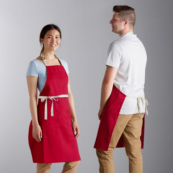Choice Red Poly-Cotton Adjustable Bib Apron with 2 Pockets and Natural  Webbing Accents - 32 x 30
