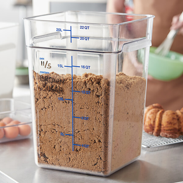 Carlisle 1195607 22 Qt. Clear Square Polycarbonate Food Storage Container with Blue Graduations