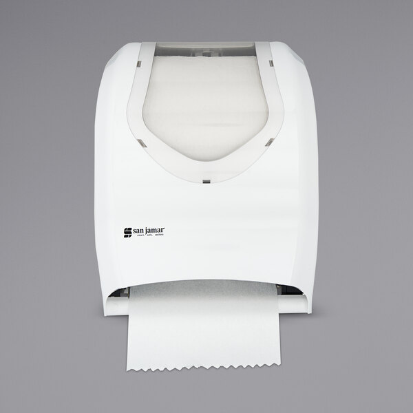 A white San Jamar Tear-N-Dry Summit hands free roll towel dispenser.